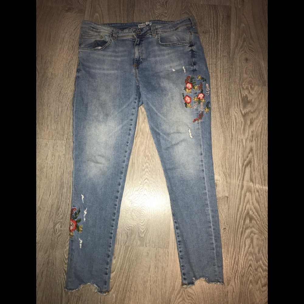 COPY - Faded, ripped floral embroidered jeans